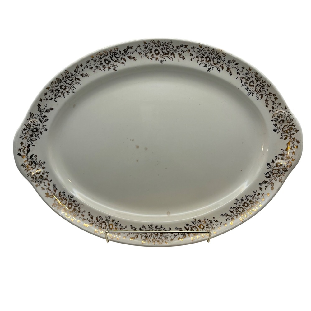 Vintage 1943 Taylor Smith Taylor 15.5" Handled Oval Serving Platter‎ Gold Floral
